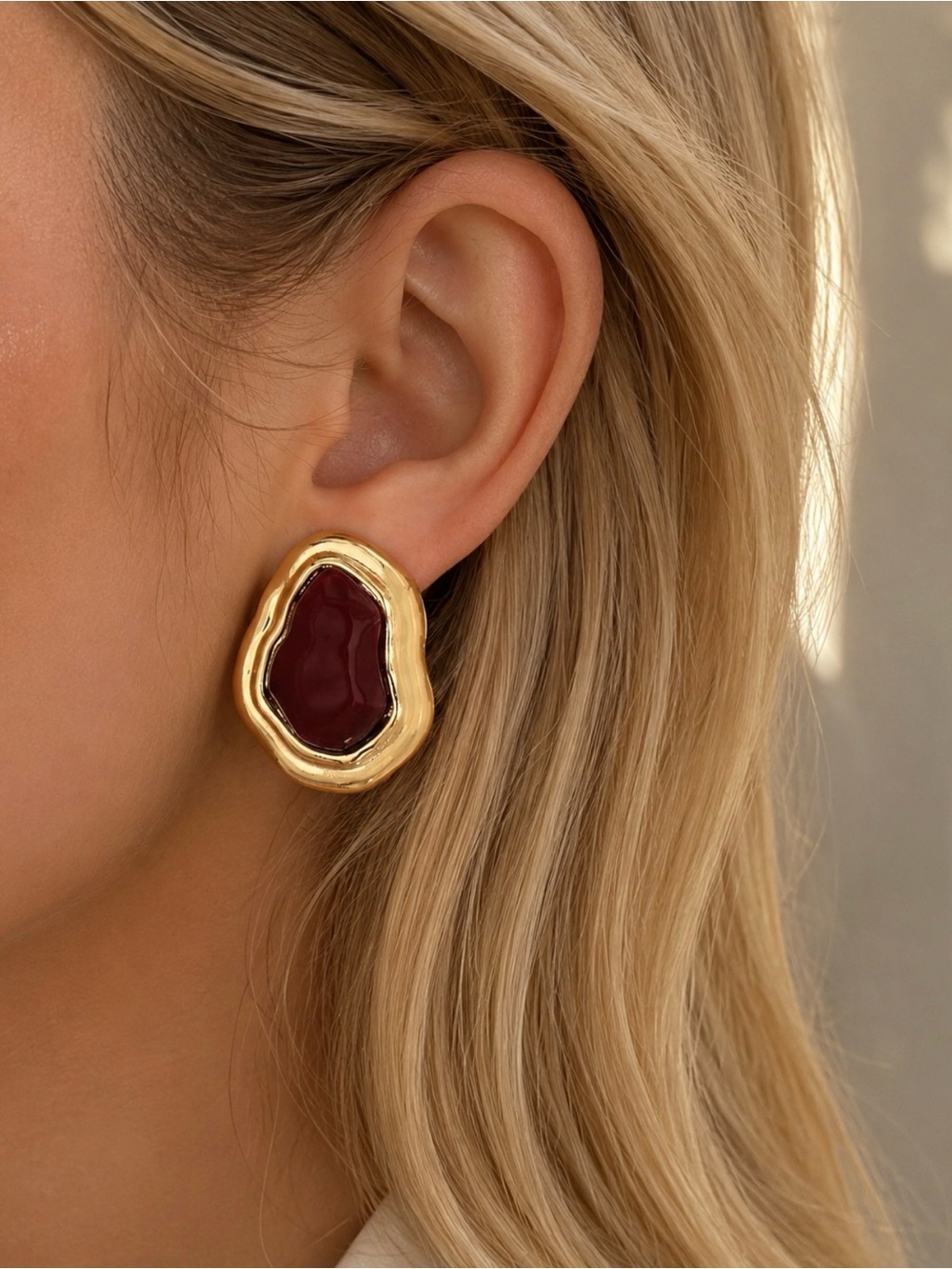 Gold-Plated Earrings with Deep Burgundy Stone
